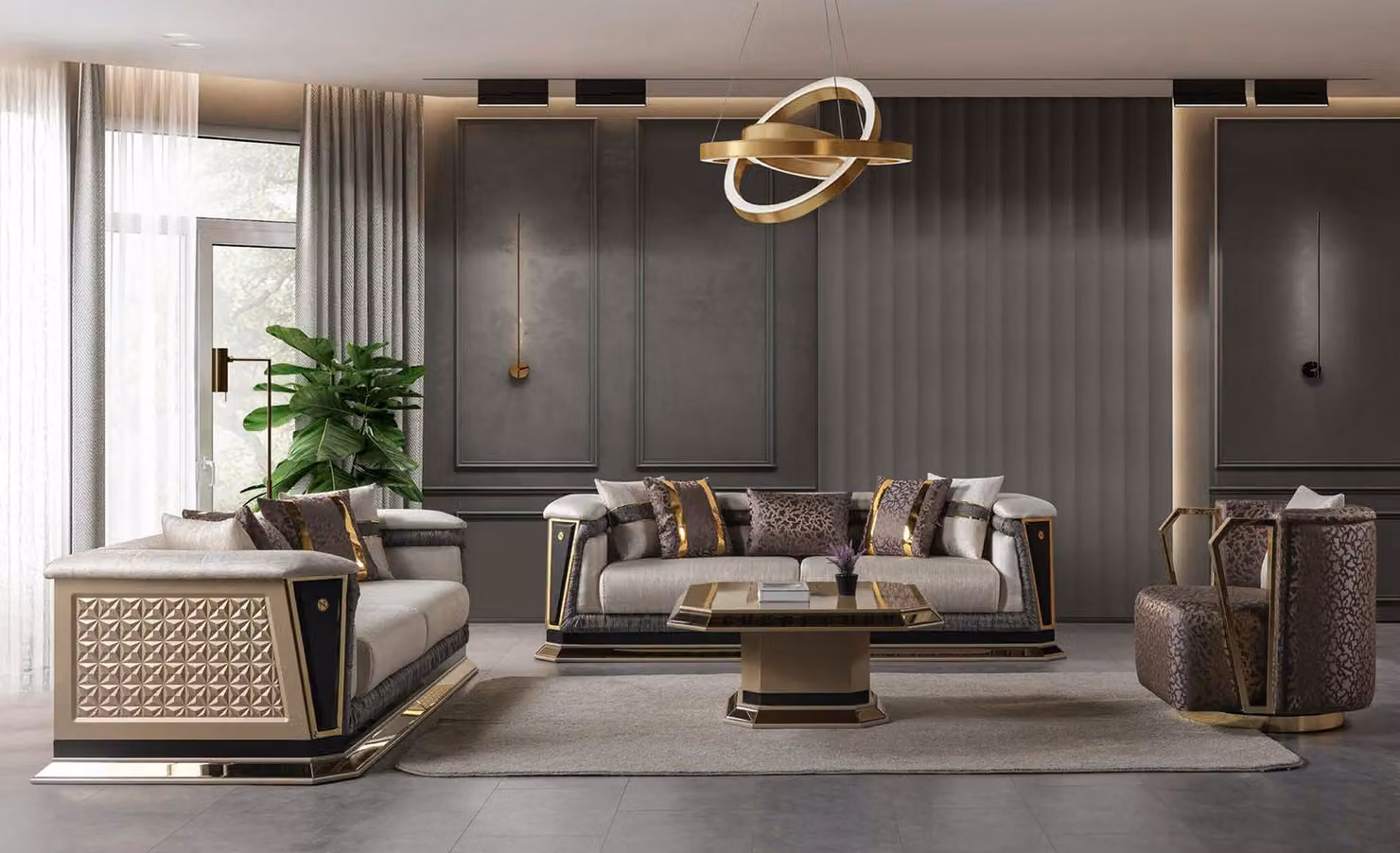 Divano grigio, soggiorno color oro, poltrona in stile moderno