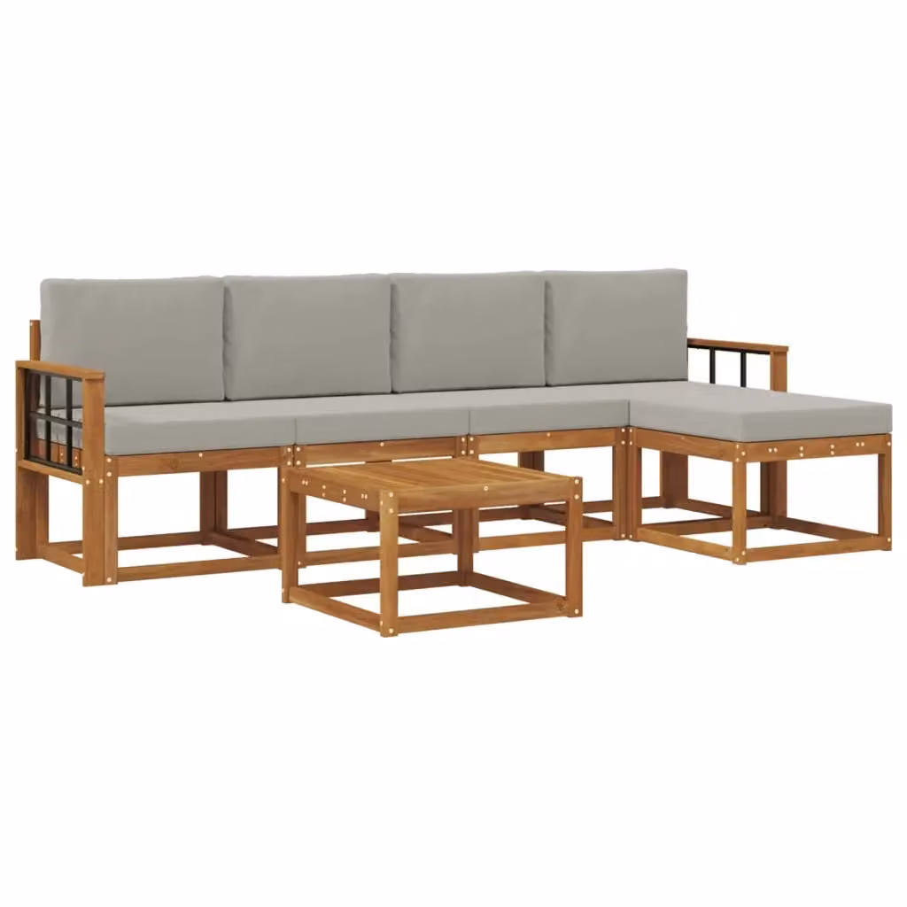 Set da giardino moderno vidaXL composto da divano a L da 3 posti, pouf e tavolino da esterno in legno di acacia trattato, colore grigio – 2