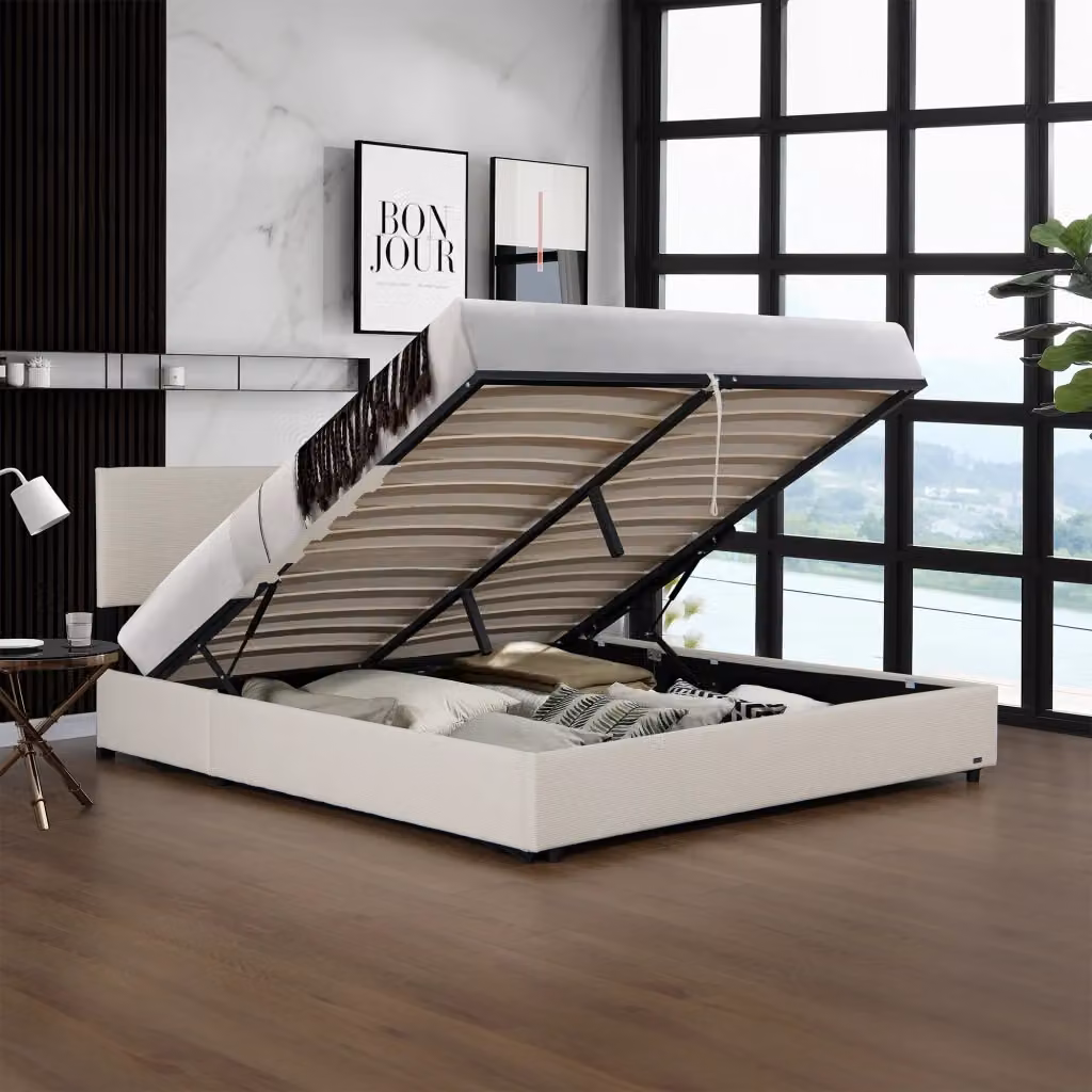 Letto Contenitore Francese Juva Corium in Velluto a Coste Beige L/P: 140 x 200 cm – 2
