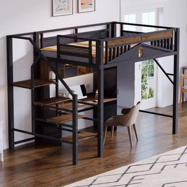 Letto a soppalco MIVRAY in metallo e MDF nero con scala di sicurezza e spazio sottostante, L/P/H: 200 x 140 x 170 cm – 1