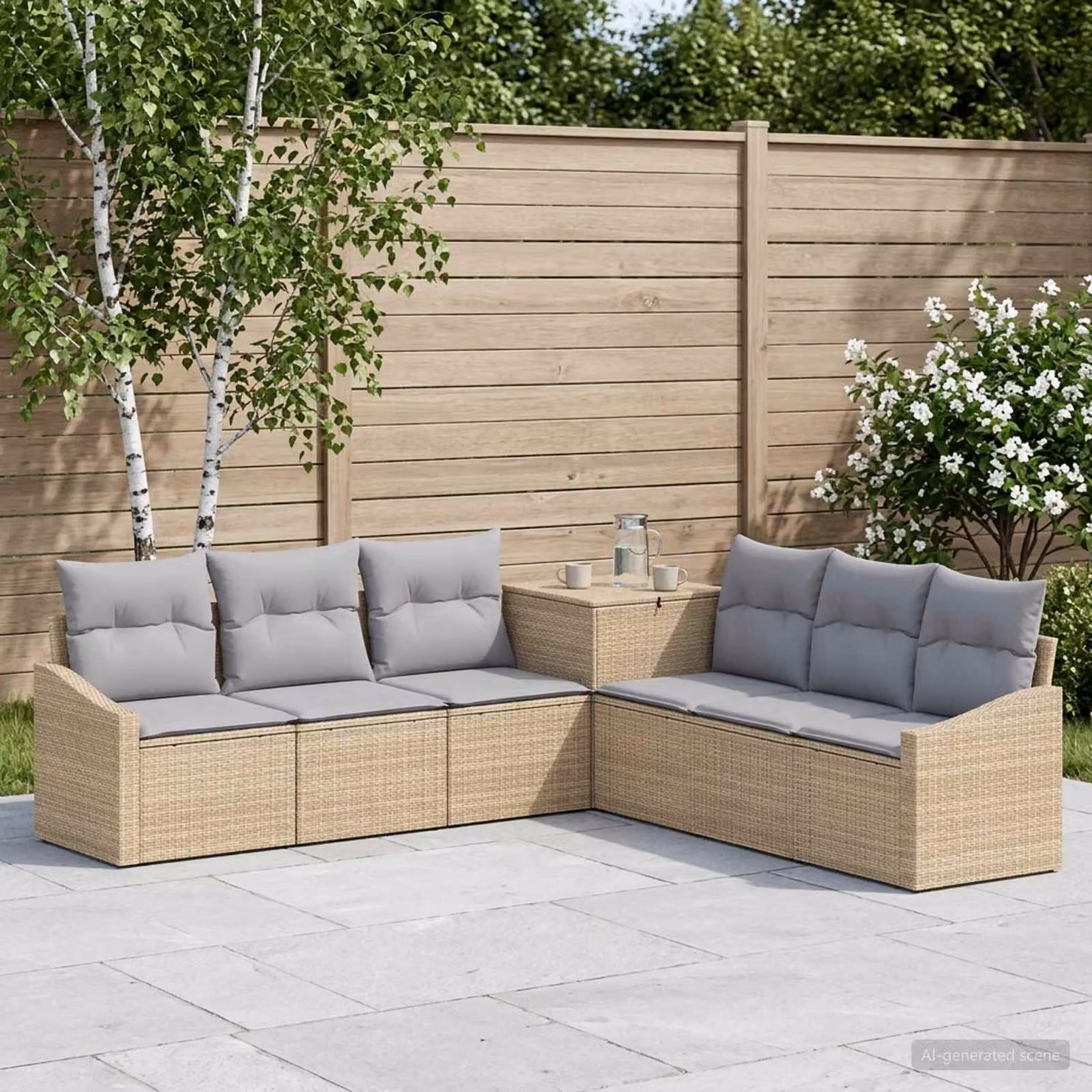 Set di divani da giardino vidaXL in polyrattan 7 pezzi, design moderno a L con cuscini inclusi, colori beige e grigio