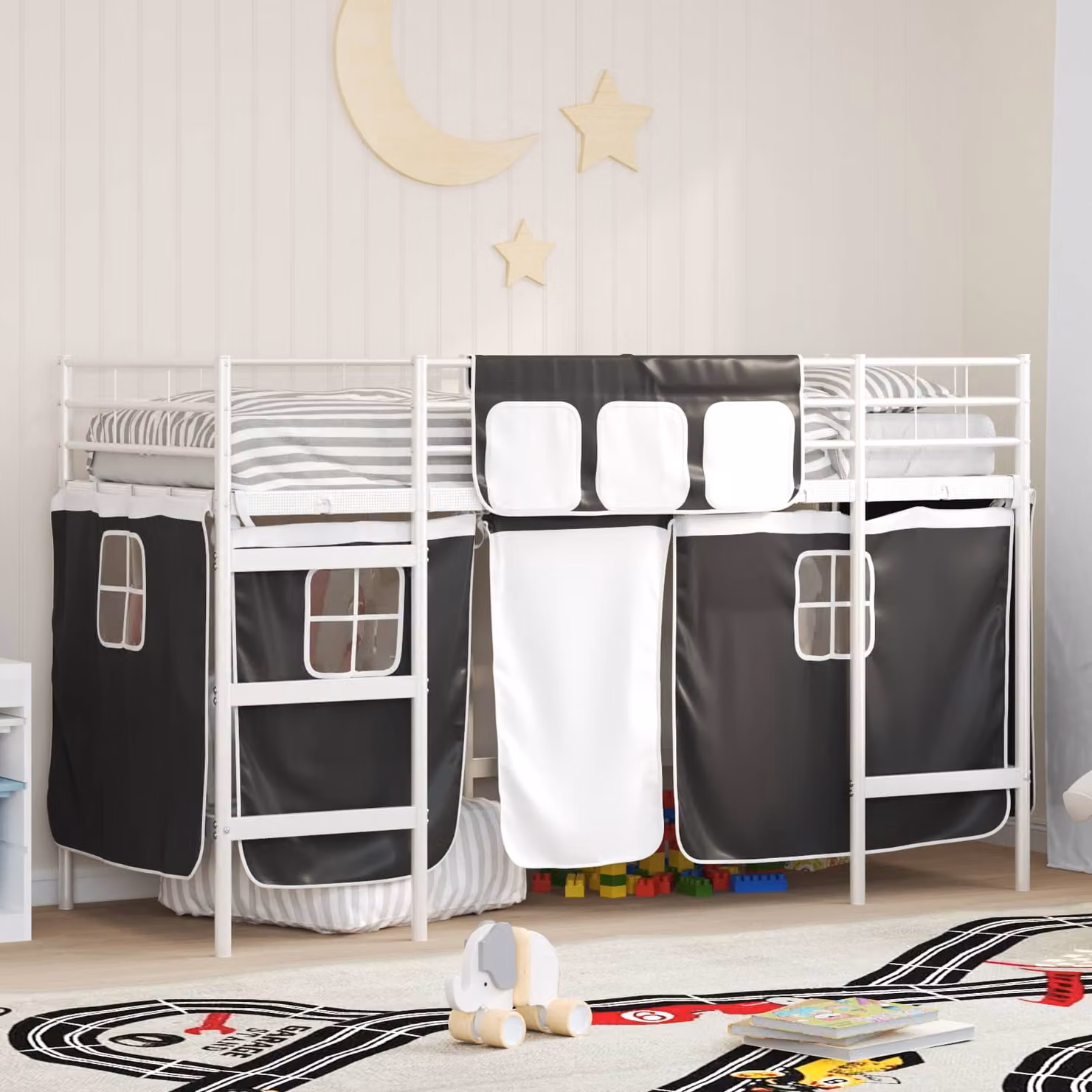 vidaXL Letto a castello per bambini in metallo con struttura a casetta e scala, Bianco e Nero, L/P/H: 190 x 90 x 194 cm – 1