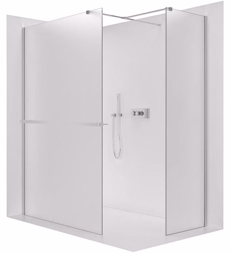 Pannello doccia angolare Walk-in Onyx T, destro/sinistro - 8 mm - profilo quadrato + ripiano/portasciugamani - cromo, vetro opaco - 160x100x200 cm
