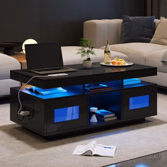 Tavolino basso MIVRAY nero lucido con LED RGB controllabili via app, prese integrate e USB, dotato di 2 vani chiusi, L/P/H: 100 x 50 x 43 cm