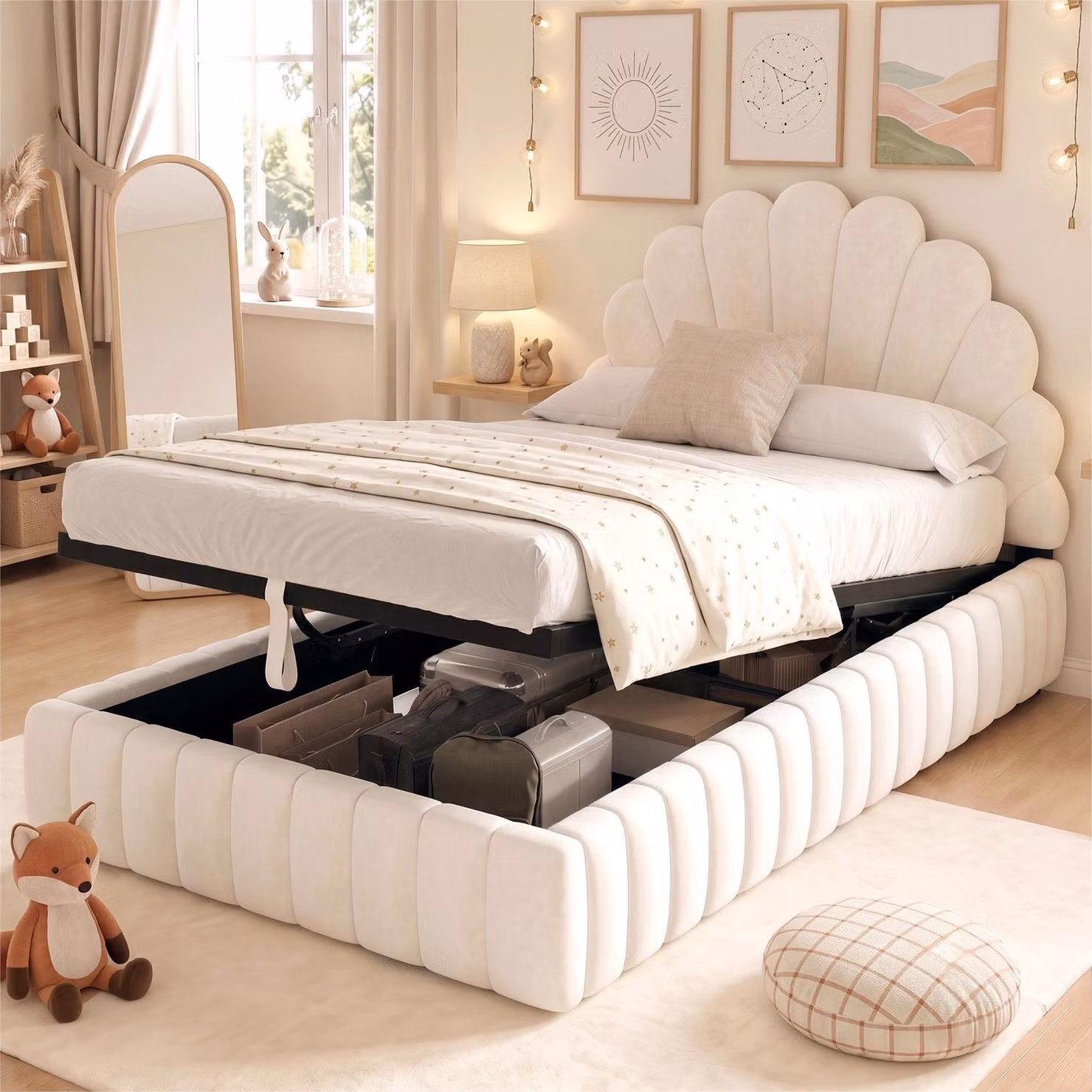 Letto imbottito Merax 90x200 cm con spazio contenitore, letto funzionale con sistema di sollevamento idraulico, rete a doghe, letto singolo per bambini con testiera a forma di fiore, in velluto, color beige