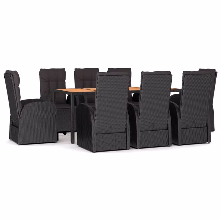 Set da Pranzo da Giardino 9 pz con Cuscini Nero in Polyrattan