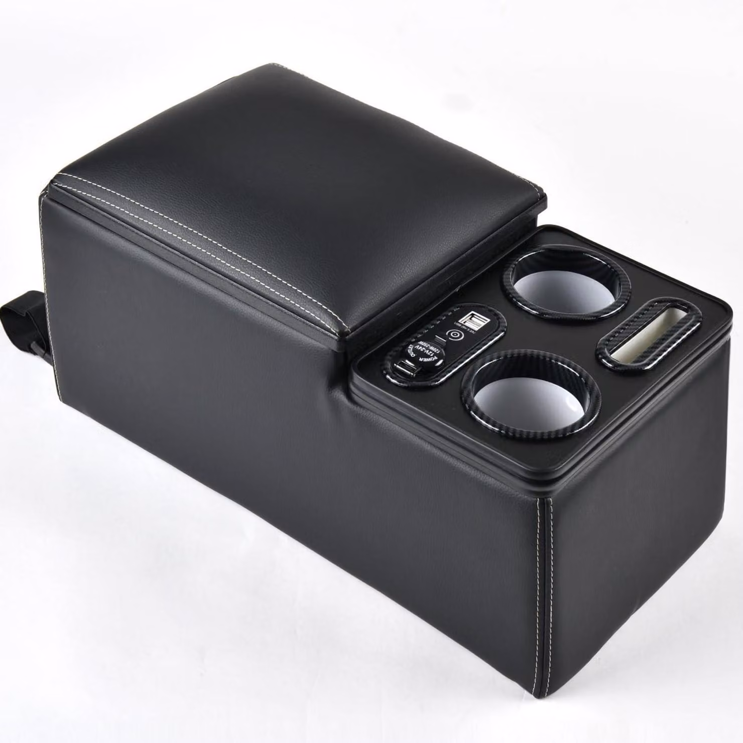 Organizzatore per console centrale dell'auto, con bracciolo, scatola portaoggetti nera, dotata di 2 portabicchieri e funzione di ricarica wireless
