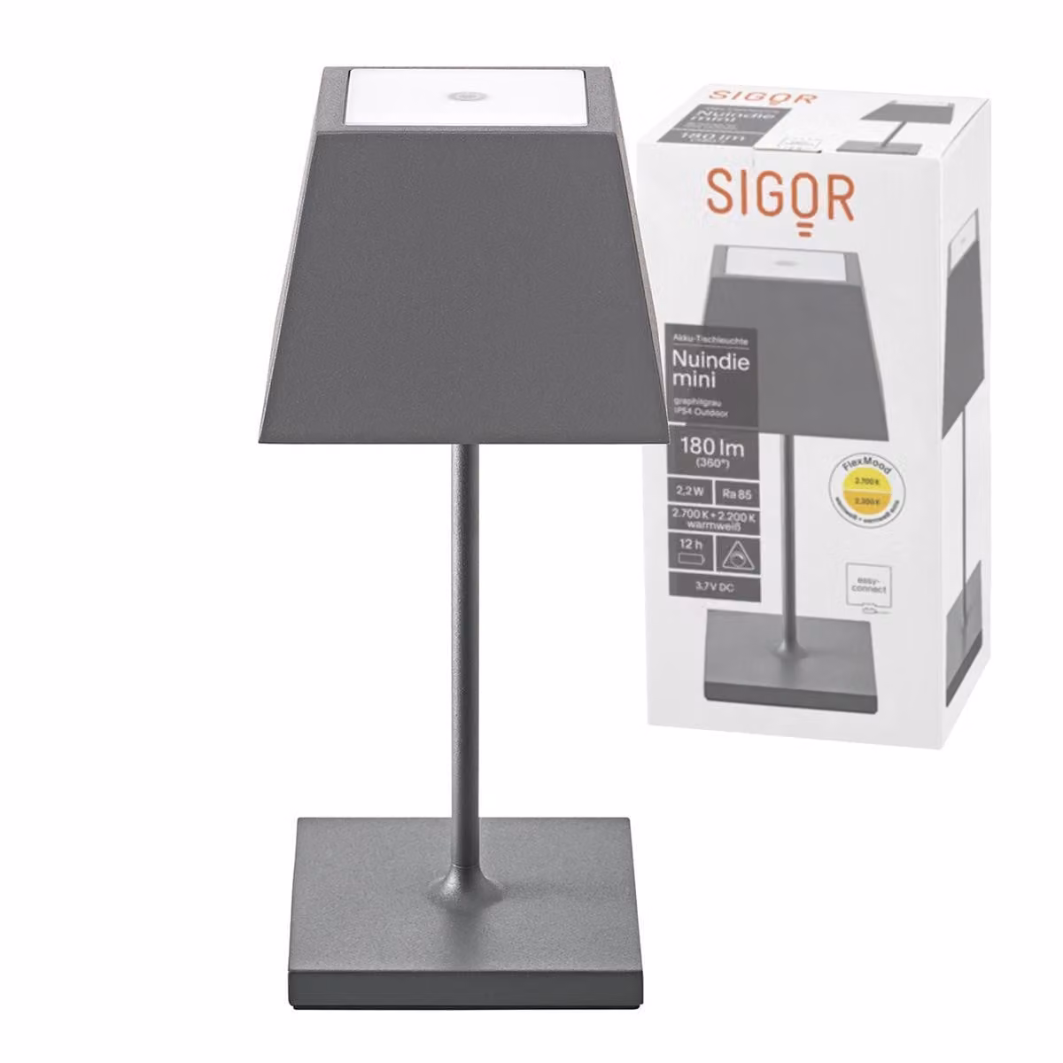 Sigor Nuindie Mini lampada da tavolo ricaricabile IP54 alluminio Easy Connect grigio grafite angolare