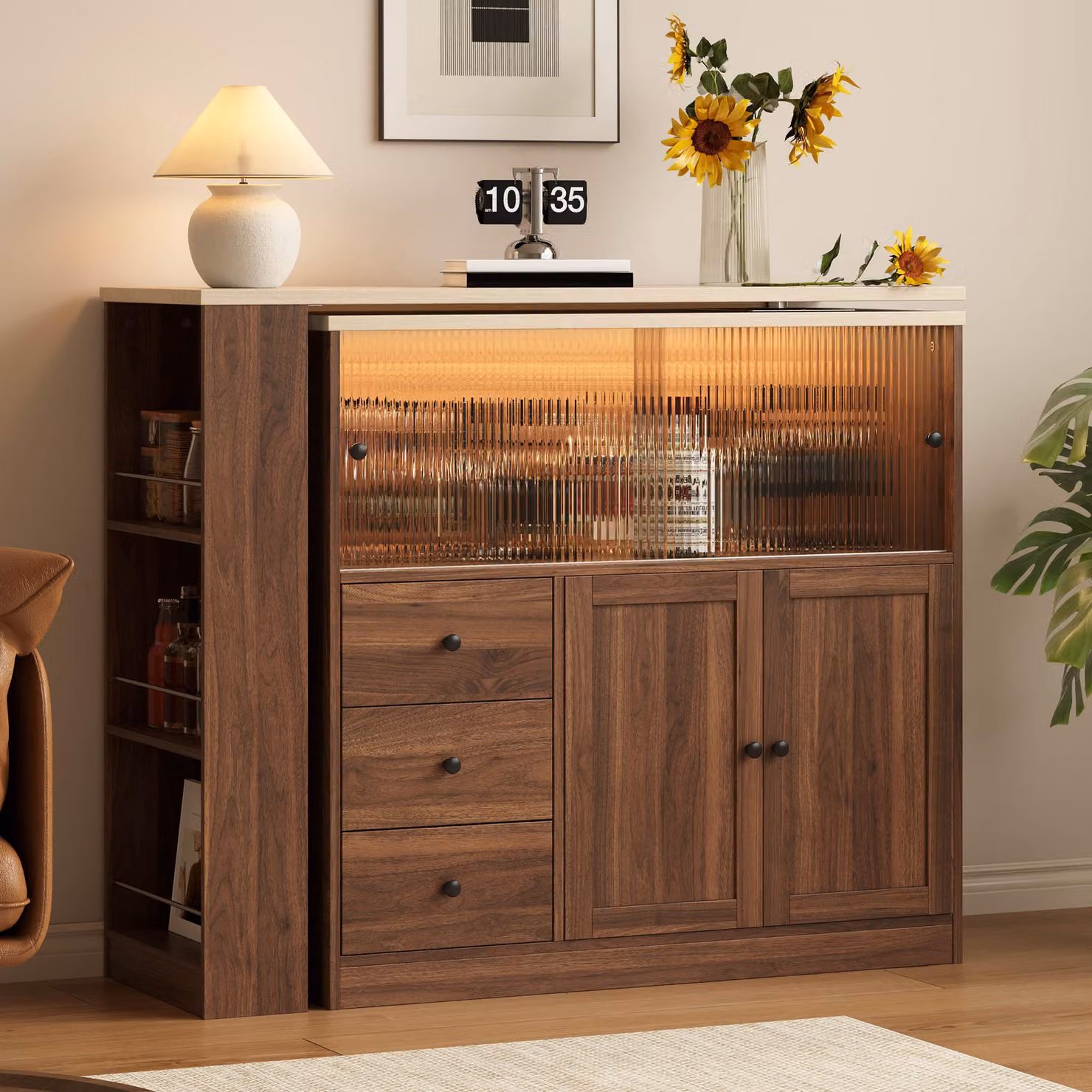 Isola da cucina Merax con piano girevole a 360°, bancone allungabile con 3 cassetti, tavolo da pranzo con ante scorrevoli in vetro, mobile contenitore con illuminazione RGB a LED, realizzato in MDF, finitura naturale