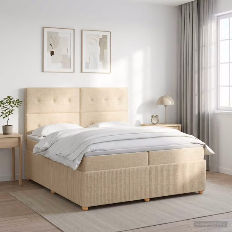 Letto box spring con materasso vidaXL in tessuto beige e bianco, L/P: 200 x 200 cm