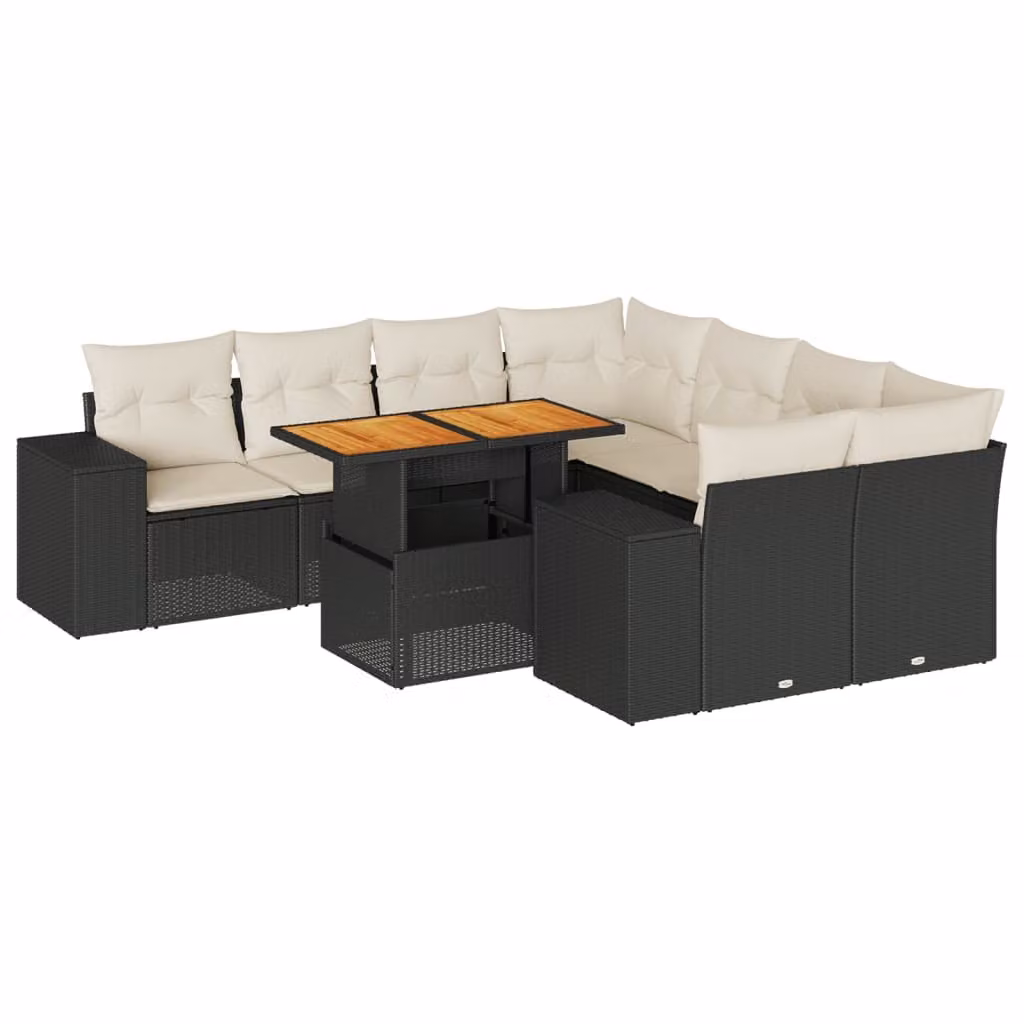 Set Divani da Giardino 9 pz con Cuscini Nero in Polyrattan