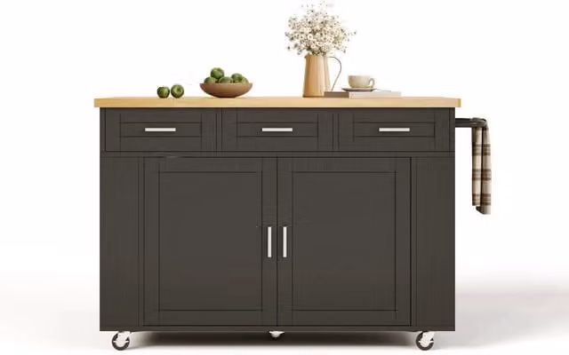 Carrello da cucina moderno nero con piano ribaltabile, 3 cassetti, 2 organizer estraibili, prese e ruote, L/P/H: 120 x 45 x 84 cm