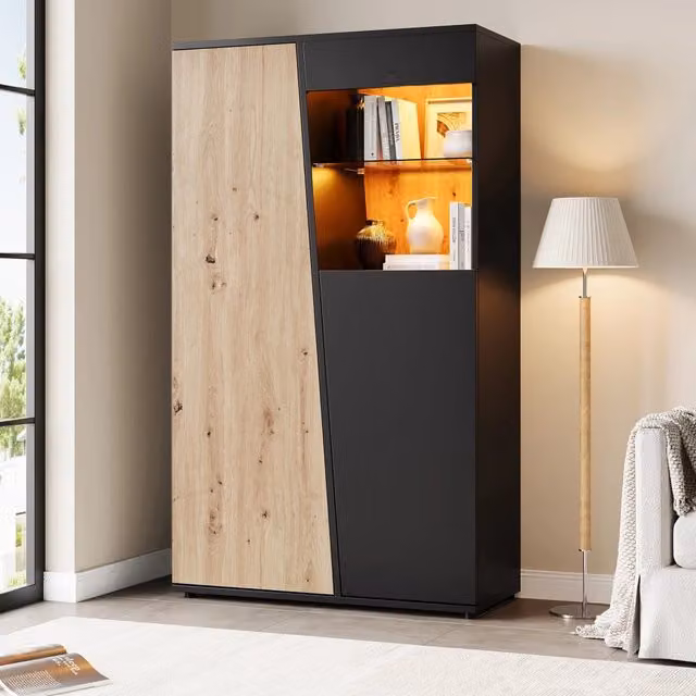 Vetrina 80x35x139.5 cm con illuminazione LED Bluetooth; MDF e truciolato nero e naturale