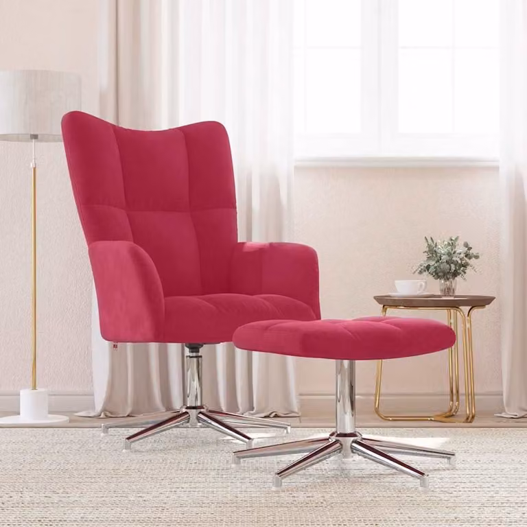 vidaXL Poltrona Relax con Poggiapiedi in Velluto Rosso con Struttura in Metallo e Rotazione a 360 Gradi
