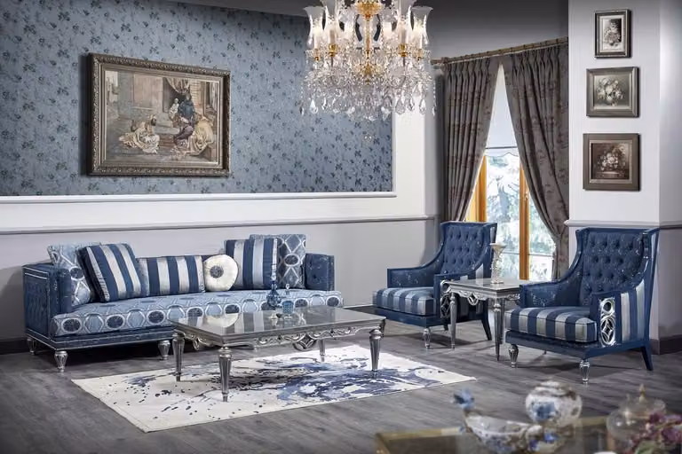 Casa Padrino set da salotto barocco blu scuro / blu chiaro / argento - Divano & 2 poltrone & tavolino - Mobili da salotto barocchi