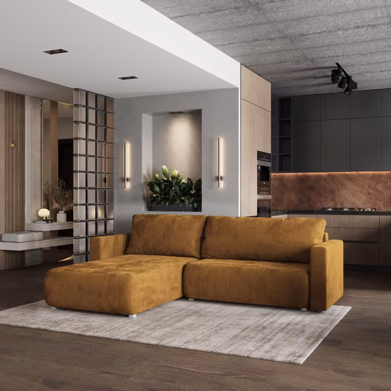 Divano angolare Masseno TURIN M con funzione letto a L, divano con box letto, divano da salotto, divano, divano, divano letto, set di divani - giallo, MONOLITH 48