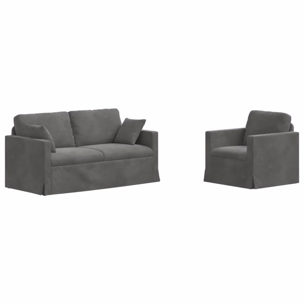 Set di 2 divani vidaXL in velluto grigio scuro con cuscini coordinati e coperture rimovibili – 2