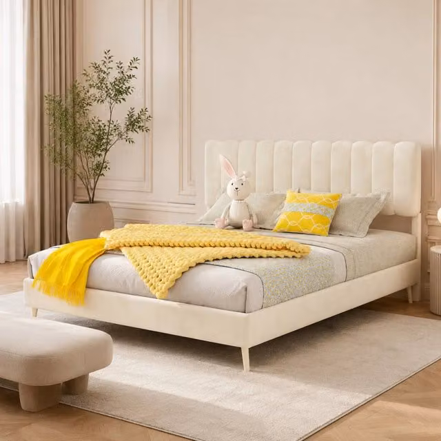 Letto matrimoniale imbottito 140 × 200 cm in velluto olandese beige struttura a piattaforma materasso escluso