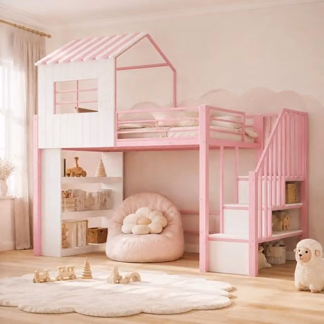 Letto a soppalco multifunzione 90x200 cm con scala contenitore e ripiani; rosa