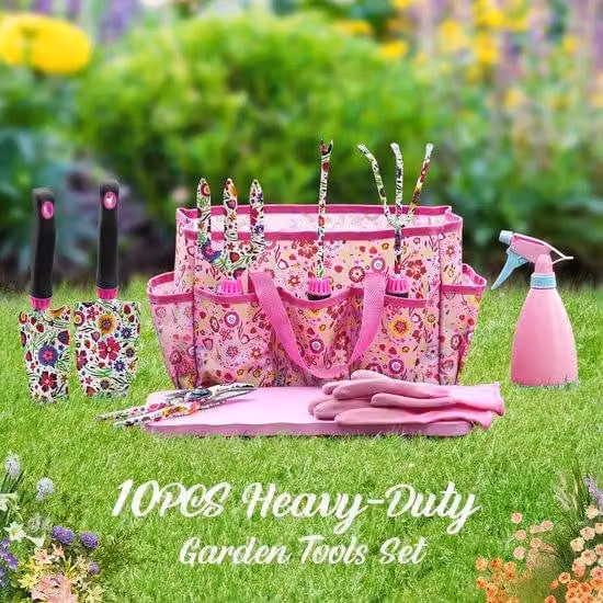 Set di 10 utensili da giardino Unyqoos® – Set completo con impugnature in gomma antiscivolo, acciaio inossidabile, borsa per il trasporto, guanti e motivo floreale vintage