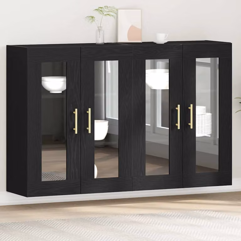 Set di 2 armadi da parete moderni vidaXL con ante in vetro e ripiani interni, colore nero opaco, L: 69,5 cm, P: 34 cm, H: 90 cm