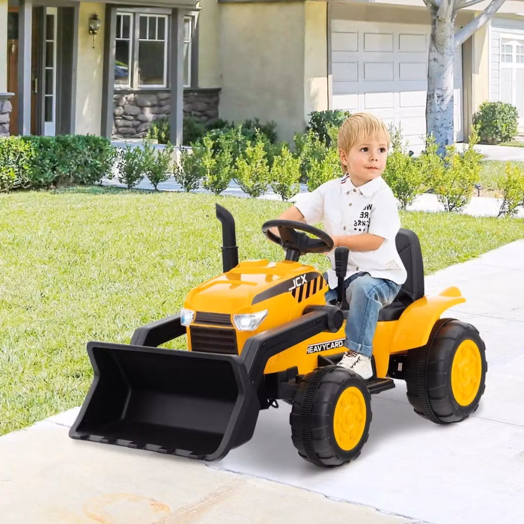Escavatore bulldozer elettrico a batteria per bambini con benna regolabile, veicolo da costruzione con luci e suoni, Giallo – 2