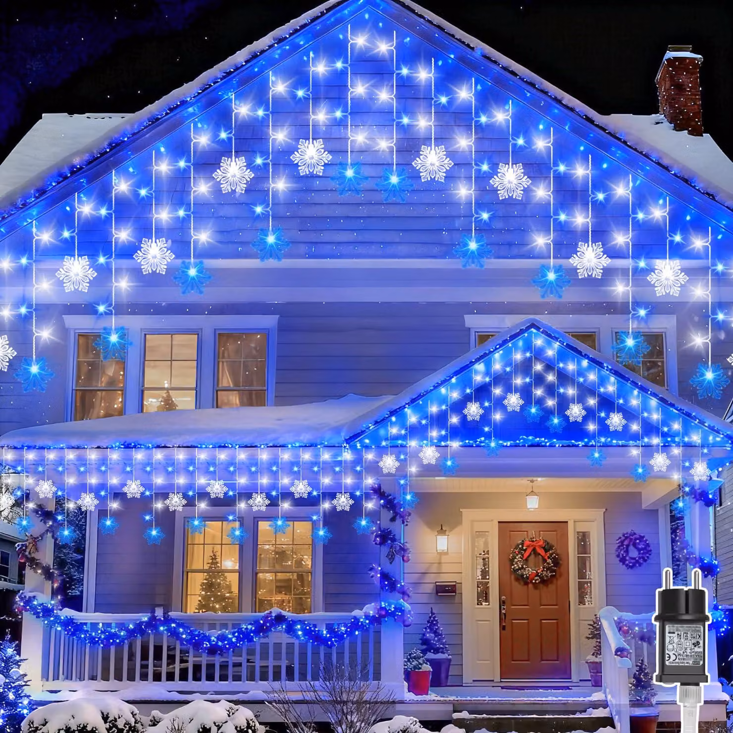 Catena luminosa da 10 metri, con 240 LED, a forma di fiocchi di neve e stalattiti, con timer, colore blu