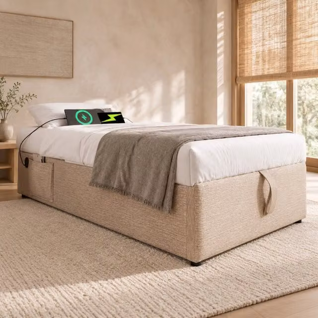 Letto singolo 90x200 cm con contenitore; USB e Type-C; in lino naturale