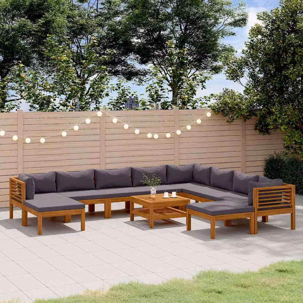 Set di Divani da Giardino vidaXL 11 Pezzi in Legno Massello di Acacia con Cuscini Grigi e Tavolino