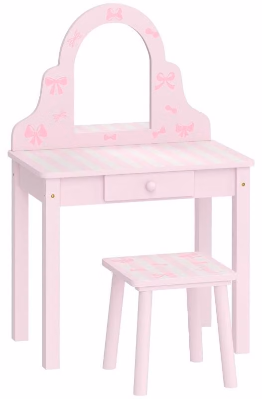 Set da trucco 2-in-1 Moonbite per bambini, con sgabello, specchio in acrilico removibile e cassetto, realizzato in pannello MDF e legno di pioppo, ideale per bambine dai 3 ai 6 anni, colore rosa