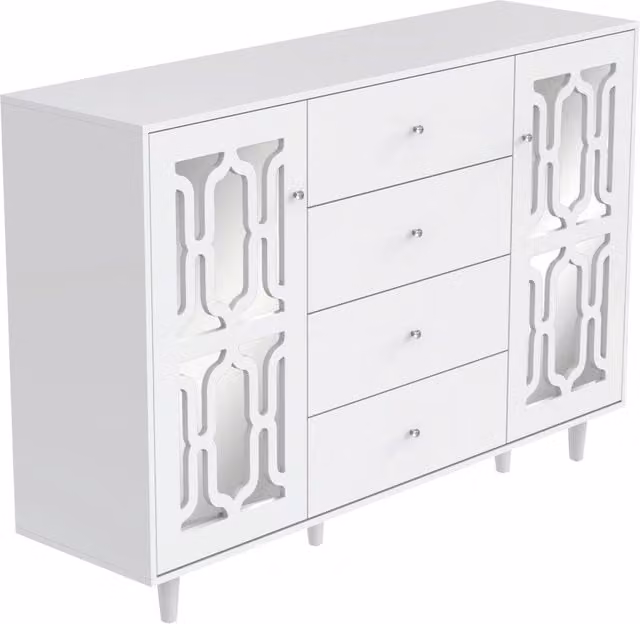 Credenza bianca a specchio con maniglie in cristallo, 147,5 x 40 x 102 cm per soggiorno e sala da pranzo