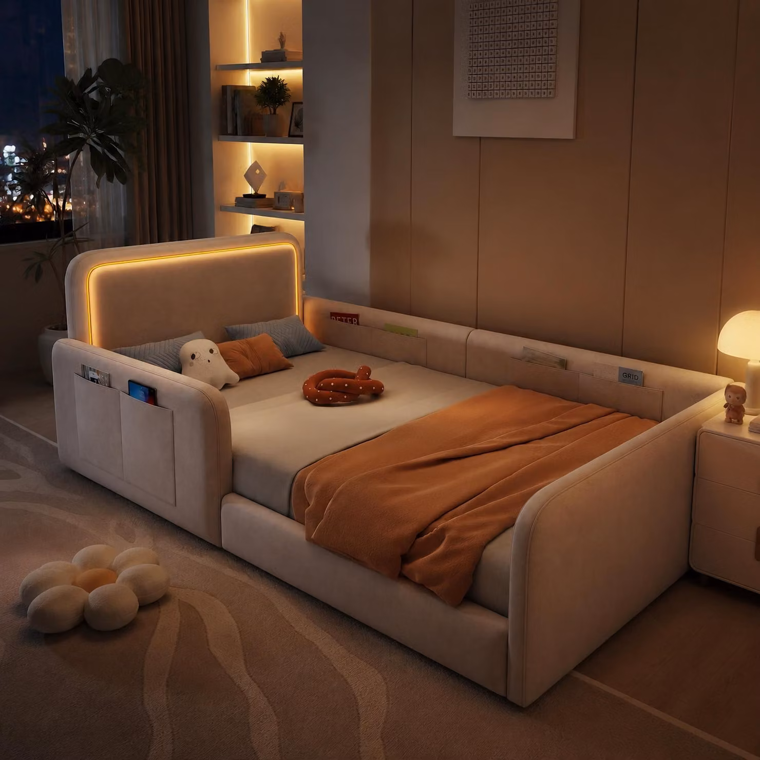 Letto imbottito 90 x 200 cm con illuminazione a LED, controllo tramite app e pulsanti, tasche laterali, rete a doghe e rivestimento in velluto, color beige