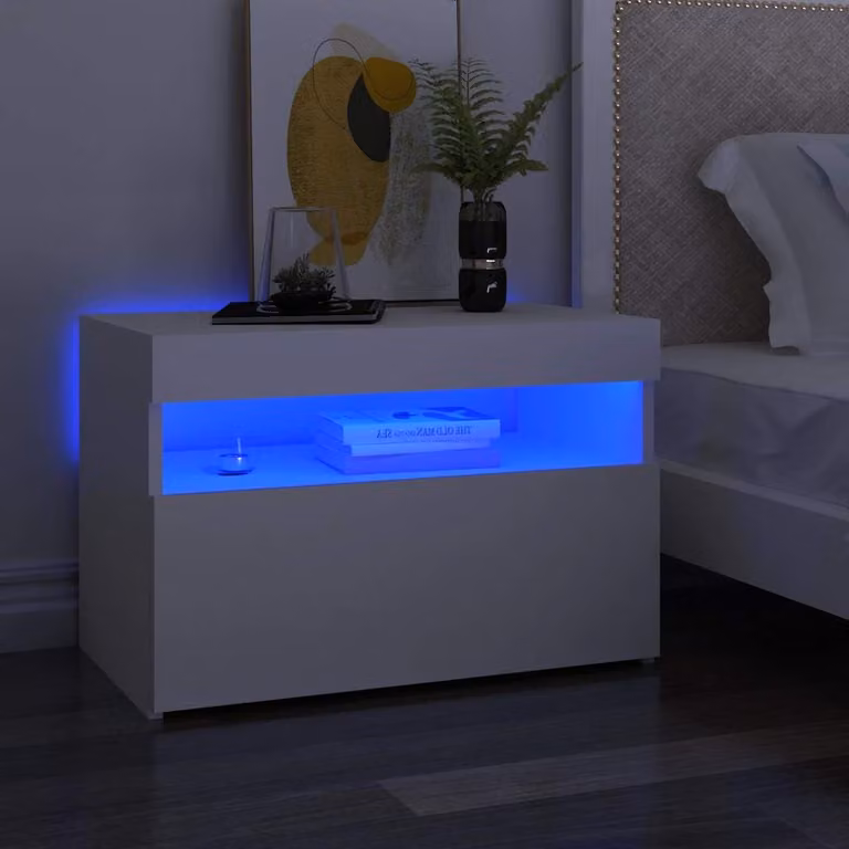 Comodino moderno vidaXL con luci LED integrate in legno e MDF, bianco, L 60 x P 35 x H 40 cm