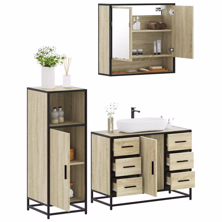 Set di mobili da bagno industrial vidaXL in legno e metallo marrone composto da mobile lavabo, armadietto con specchio e mobile laterale
