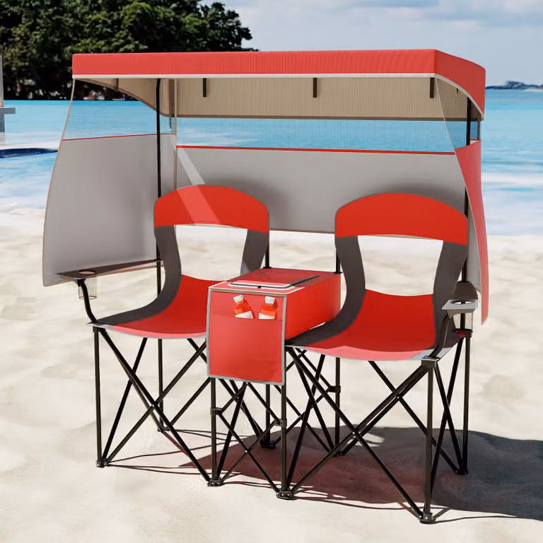Sedia da campeggio a due posti con tettuccio regolabile, sedia da spiaggia portatile con tettuccio avvolgibile, tasca termica, portabevande, poltrona da esterno a due posti, rosso