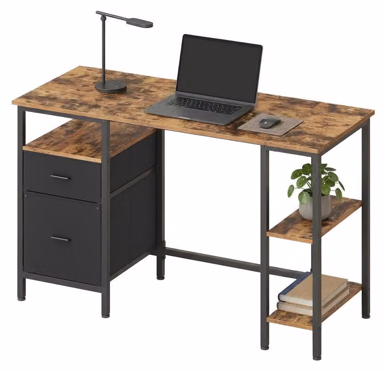 Scrivania con 3 ripiani e 2 cassetti | Colore marrone e nero | 127x50x76 cm