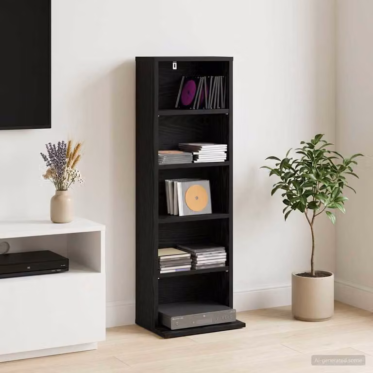 Mobile per CD vidaXL Rovere Nero con ripiani regolabili, L 33,0 cm x P 23,5 cm x H 97,5 cm