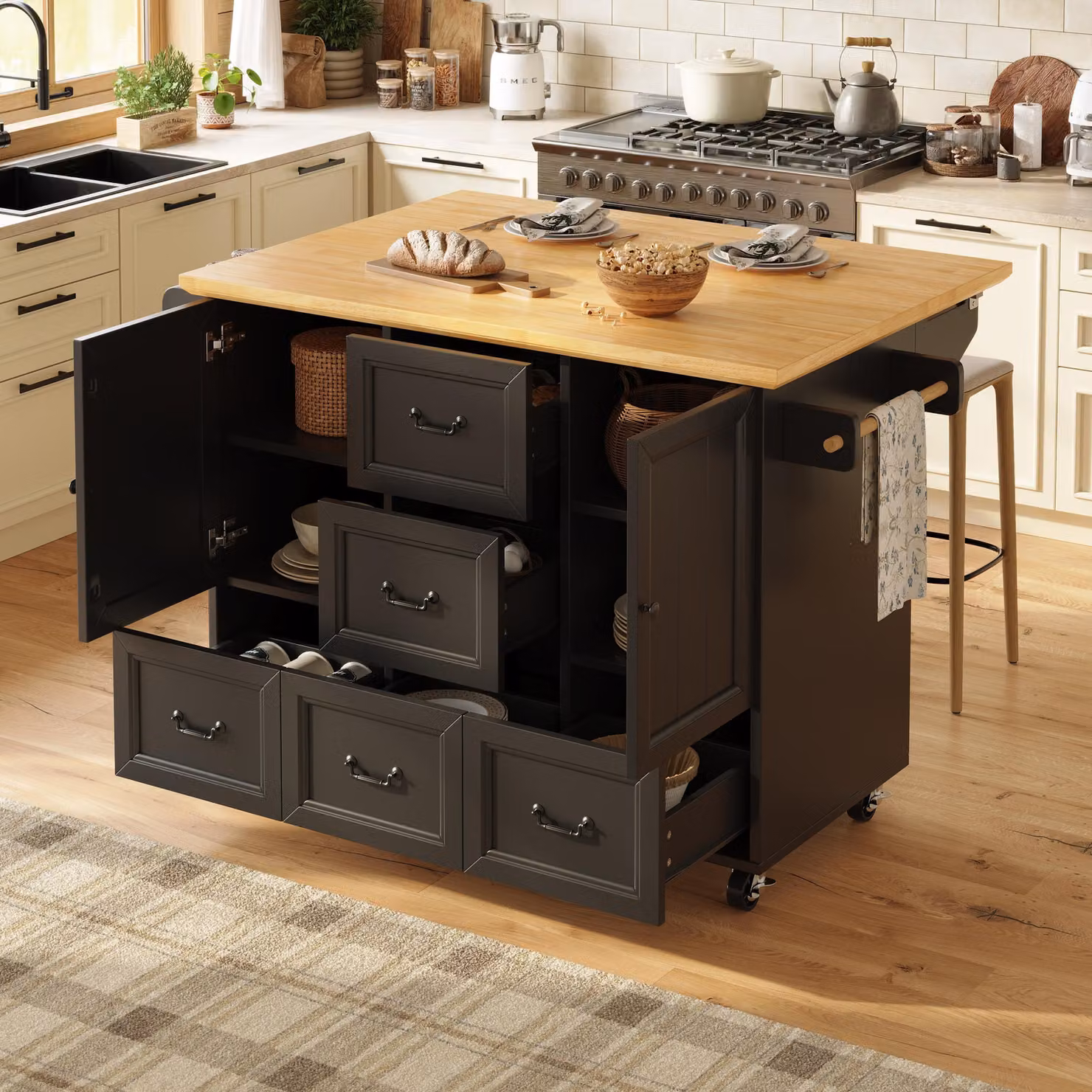 STILVORA carrello da cucina con cassetti&ripiani, mobile buffet ad isola con ripiani regolabili, mobile da cucina per sala da pranzo, soggiorno&cucina, nero