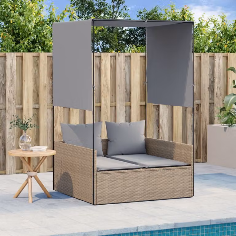vidaXL Lettino Prendisole in Polyrattan con Tetto e Tende Beige