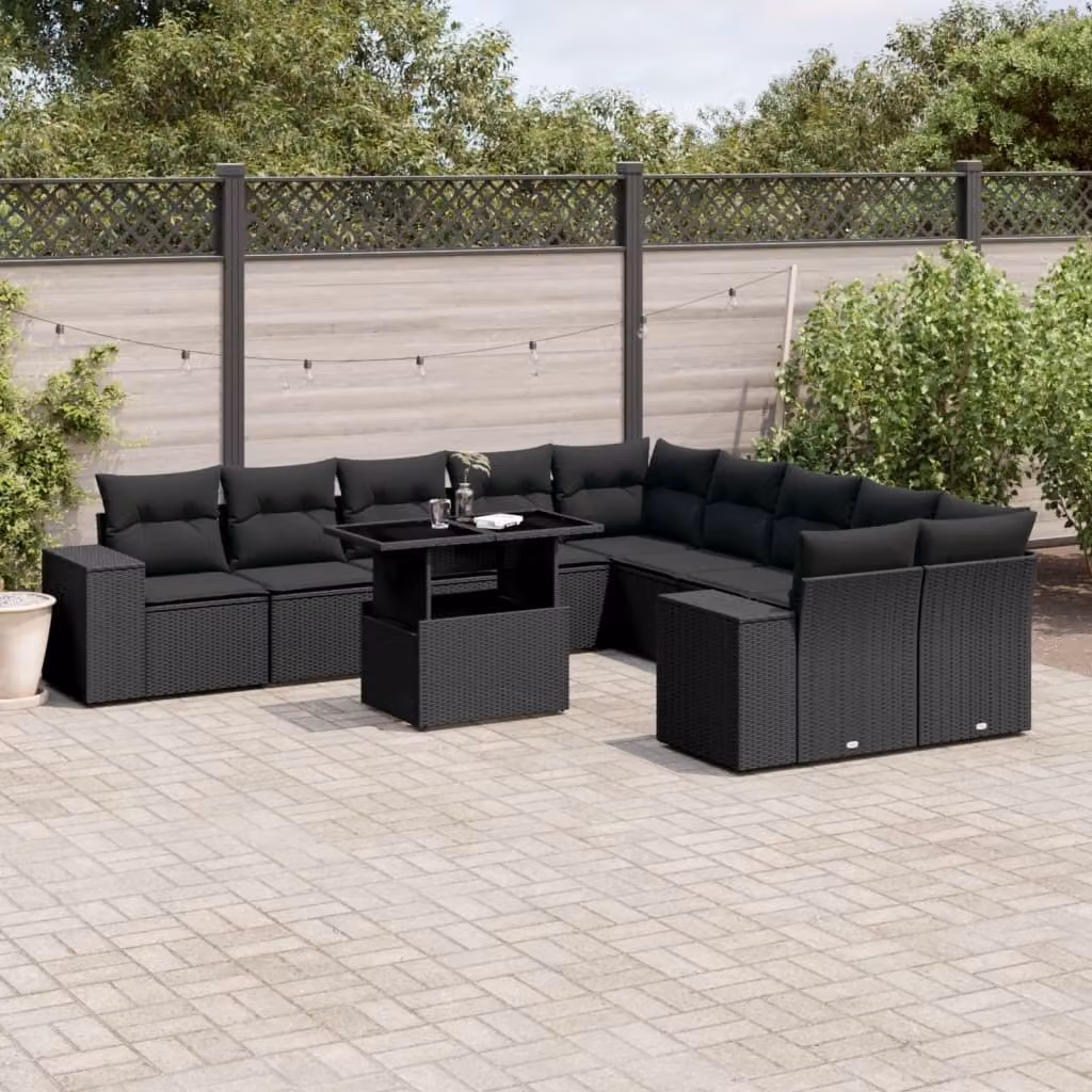 The Living Store Set di divani da giardino 11 pezzi con cuscini in poly rattan nero