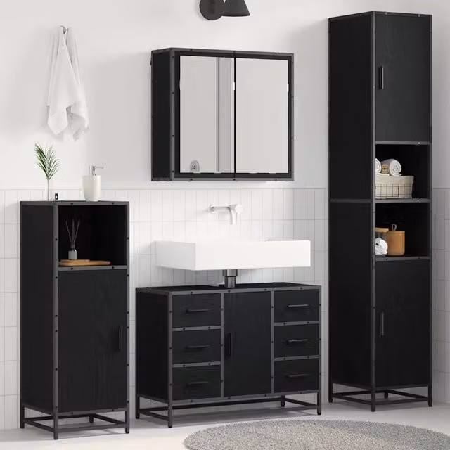 Set di mobili per il bagno 4 pz Rovere Nero 80 x 33 x 60 cm 3402316