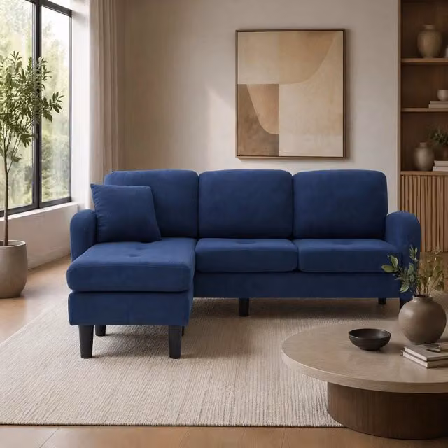 Divano angolare modulare 3 posti 166x118 cm con chaise longue reversibile in velluto a coste blu HOMVRA