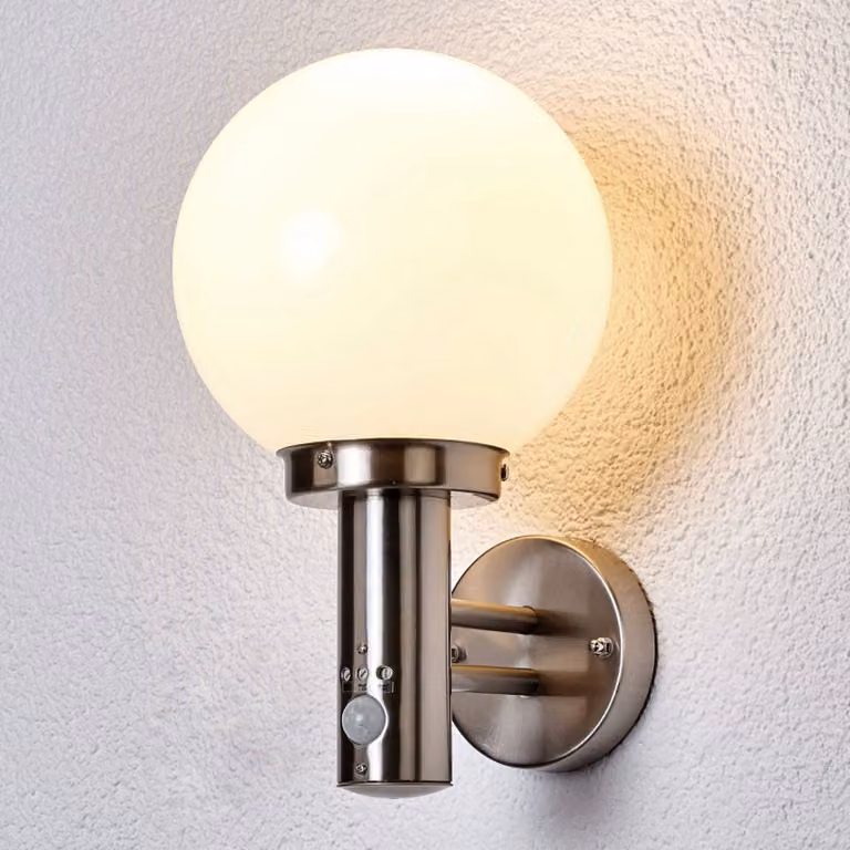 Applique da esterno Lindby Nada, acciaio inossidabile, vetro, sensore, E27 Nada, Alluminio / Grigio / Zincato, Acciaio Inox, Moderno