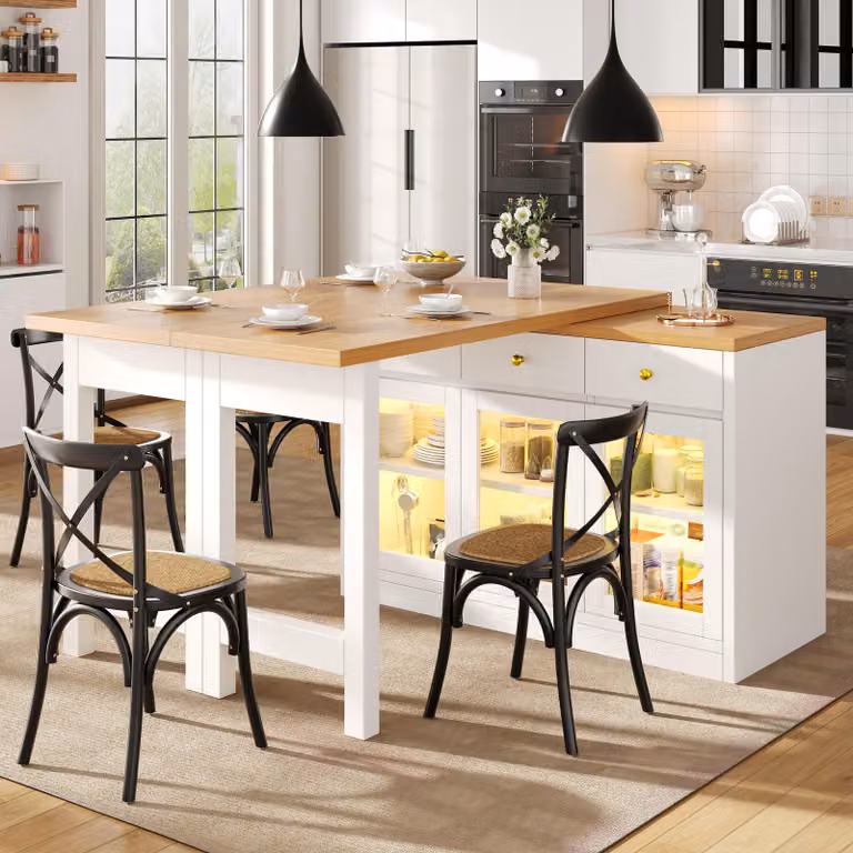 Flieks: isola da cucina allungabile con illuminazione a LED, tavolo da pranzo con 3 cassetti e ante in vetro, controllo tramite app, tavolo da bar 120-200 x 40 x 75,5 cm, bianco