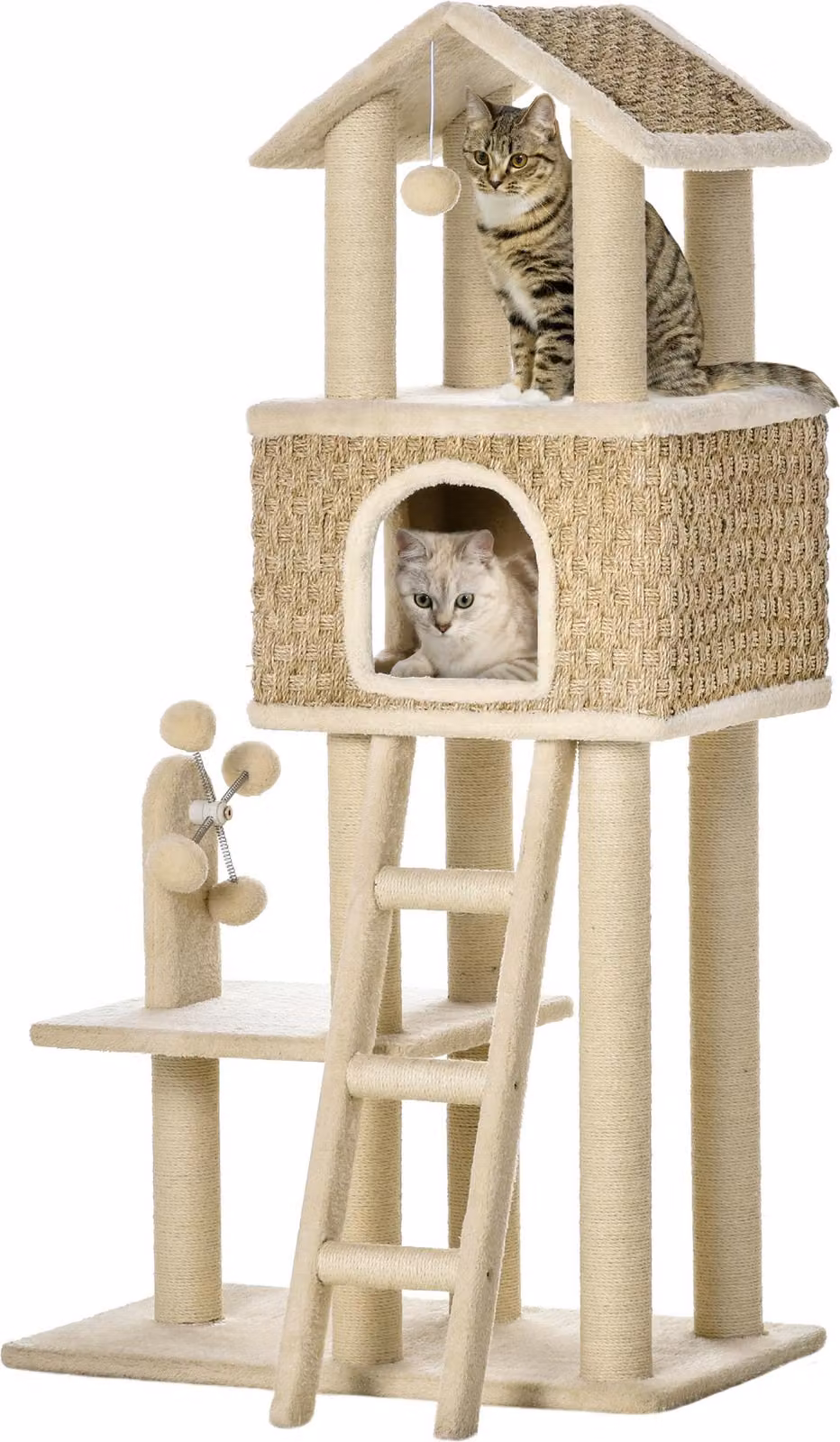 Fortuna Lai Tiragraffi Grande tiragraffi per gatti 130 cm, con cuccia e palline, tronchi in juta, kaki+beige, truciolato di legno, peluche