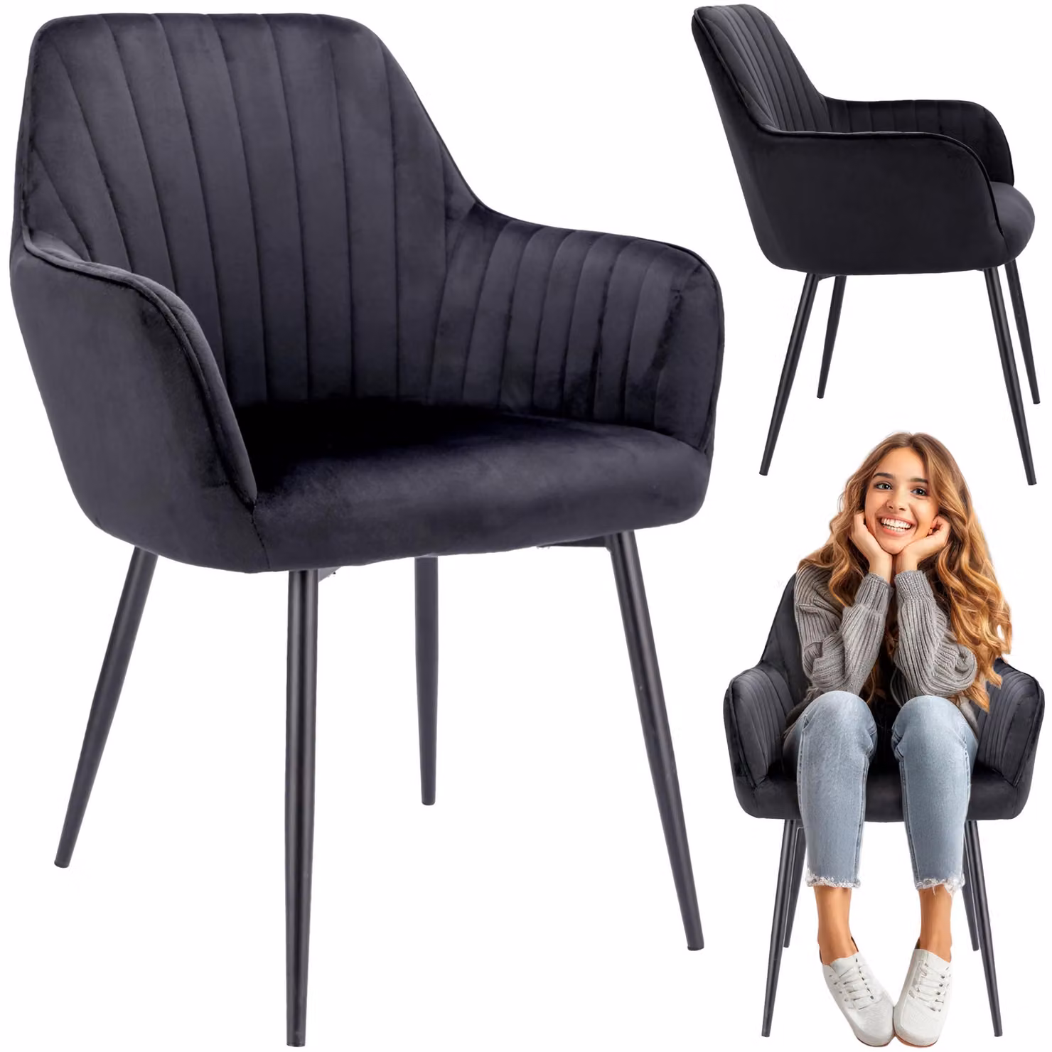 JUMI Sedia elegante CORA, ideale per soggiorno, sala da pranzo e cucina, rivestita in velluto nero, imbottita e trapuntata