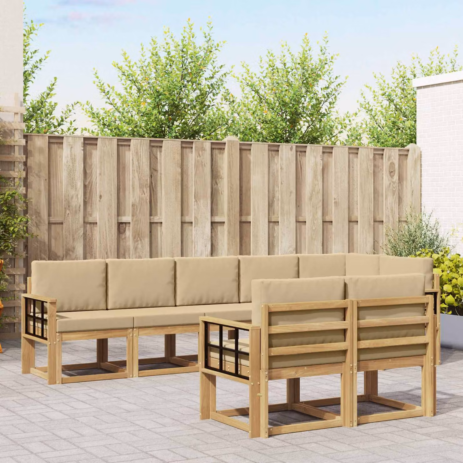 vidaXL Set di divani da esterno a L composto da 8 pezzi in legno di acacia con cuscini, Bianco, Beige e Marrone