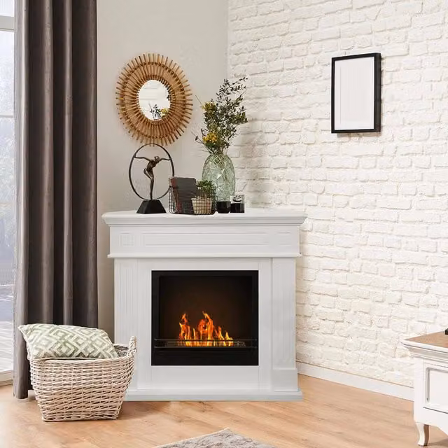 Camino a bioetanolo Piovera, Caminetto, Focolare senza fumo, Riscaldatore ad etanolo, Made in Italy, 63x110 h102 cm, Bianco