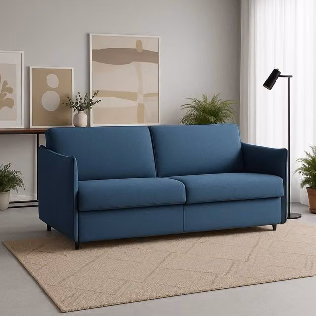 Divano Varedo a 2 posti fisso blu con rivestimento sfoderabile in tessuto e struttura in legno Made in Italy L: 180 cm, P: 95 cm, H: 90 cm
