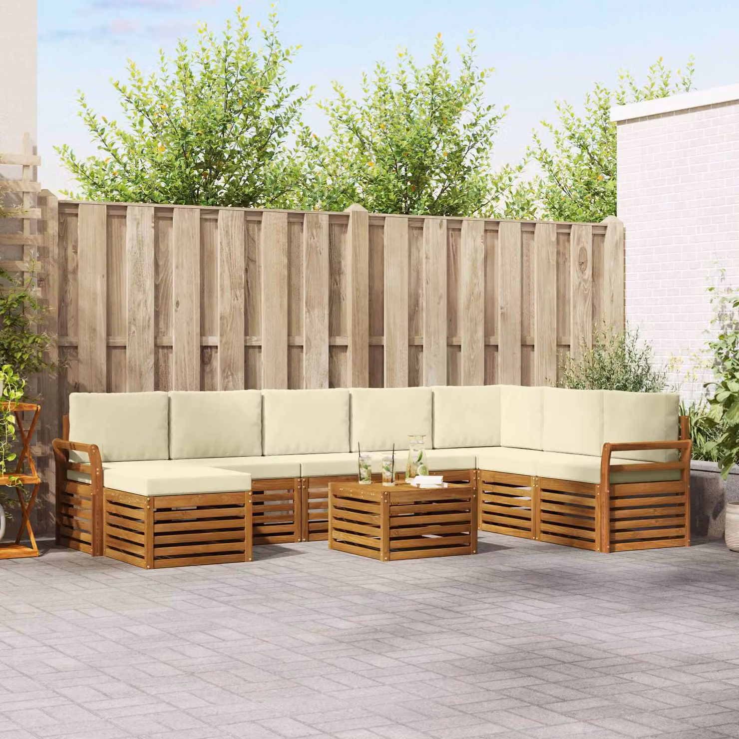 Set di divani da esterno vidaXL 9 pezzi in legno di acacia con cuscini, colore beige, bianco e marrone